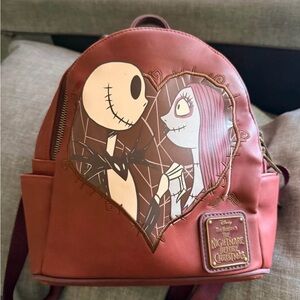 Loungefly Reddish Brown Backpack with Jack and Sally Heart Design